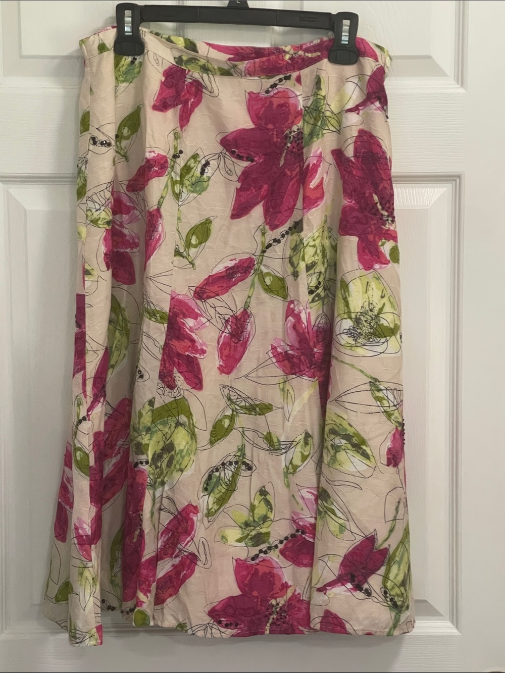 Chico's Cream A-Line Skirt with Pink & Green Floral Design. Chico’s size 2